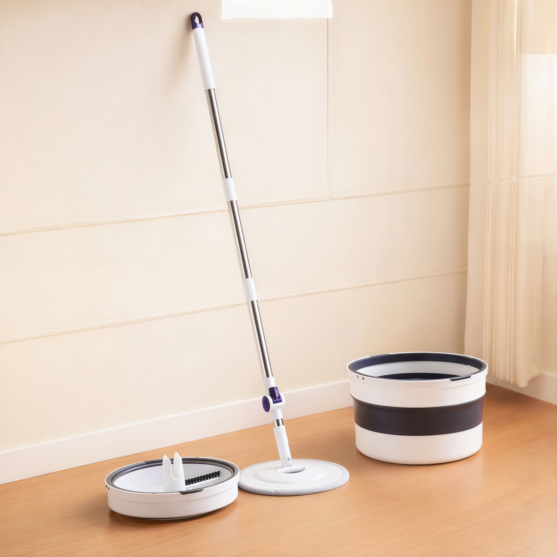 Mop Rotativ cu Mâner Telescopic 118–140cm si Găleată Pliabilă 32x19cm, Stoarcere prin Rotire din Plastic Engros