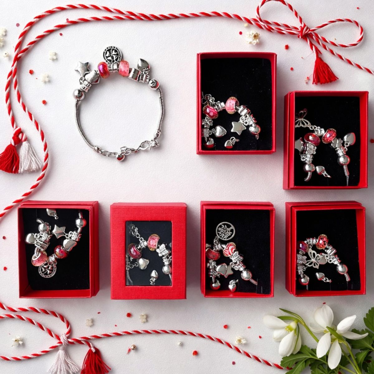 Brățară Mărțișor 12/set Tip Charm din Aliaj Metalic Argintiu 24.5cm, cu Mărgele din Sticlă și Pandantive în Cutie Roșie Cadou Engros