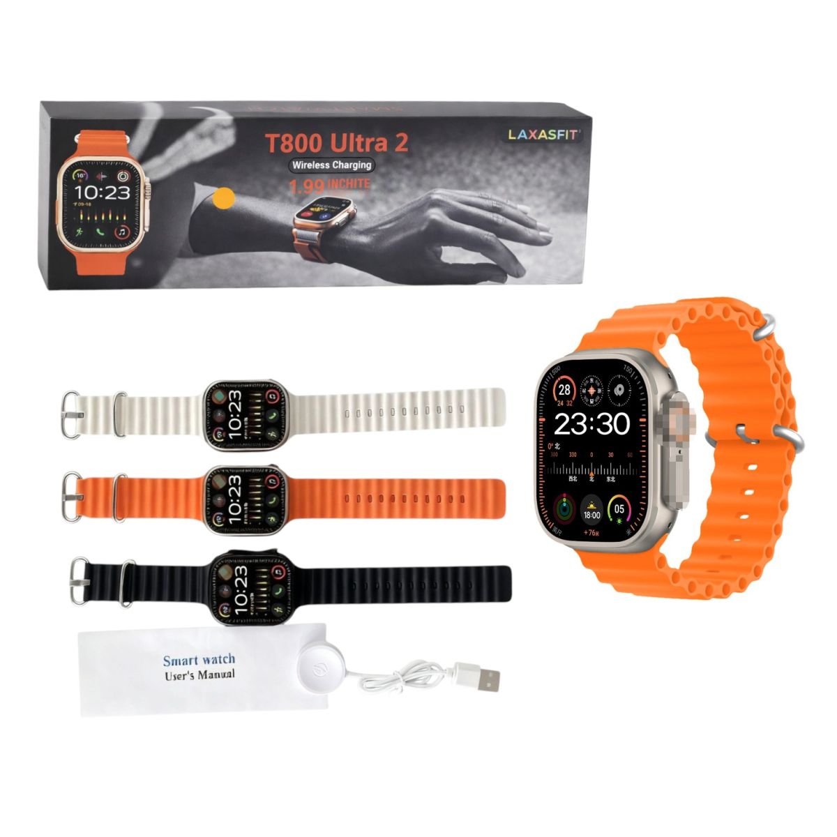 Smartwatch T800 Ultra 2 cu Încărcare Wireless, Curea Silicon Interșchimbabilă Reglabila Incarcator Diferite Culori Engros