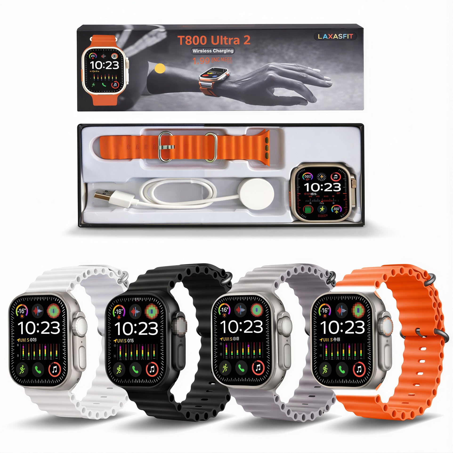 Smartwatch T800 Ultra 2 cu Încărcare Wireless, Curea Silicon Interșchimbabilă Reglabila Incarcator Diferite Culori Engros