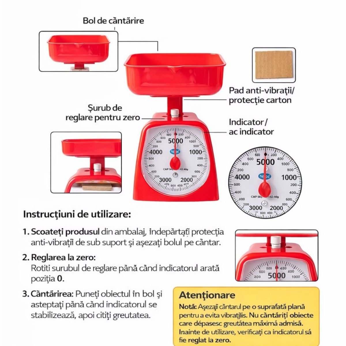 Cântar Mecanic 20x12cm de Bucătărie 5kg, cu Tavă Detașabilă 15x5cm si Afișaj Diferite Culori Engros