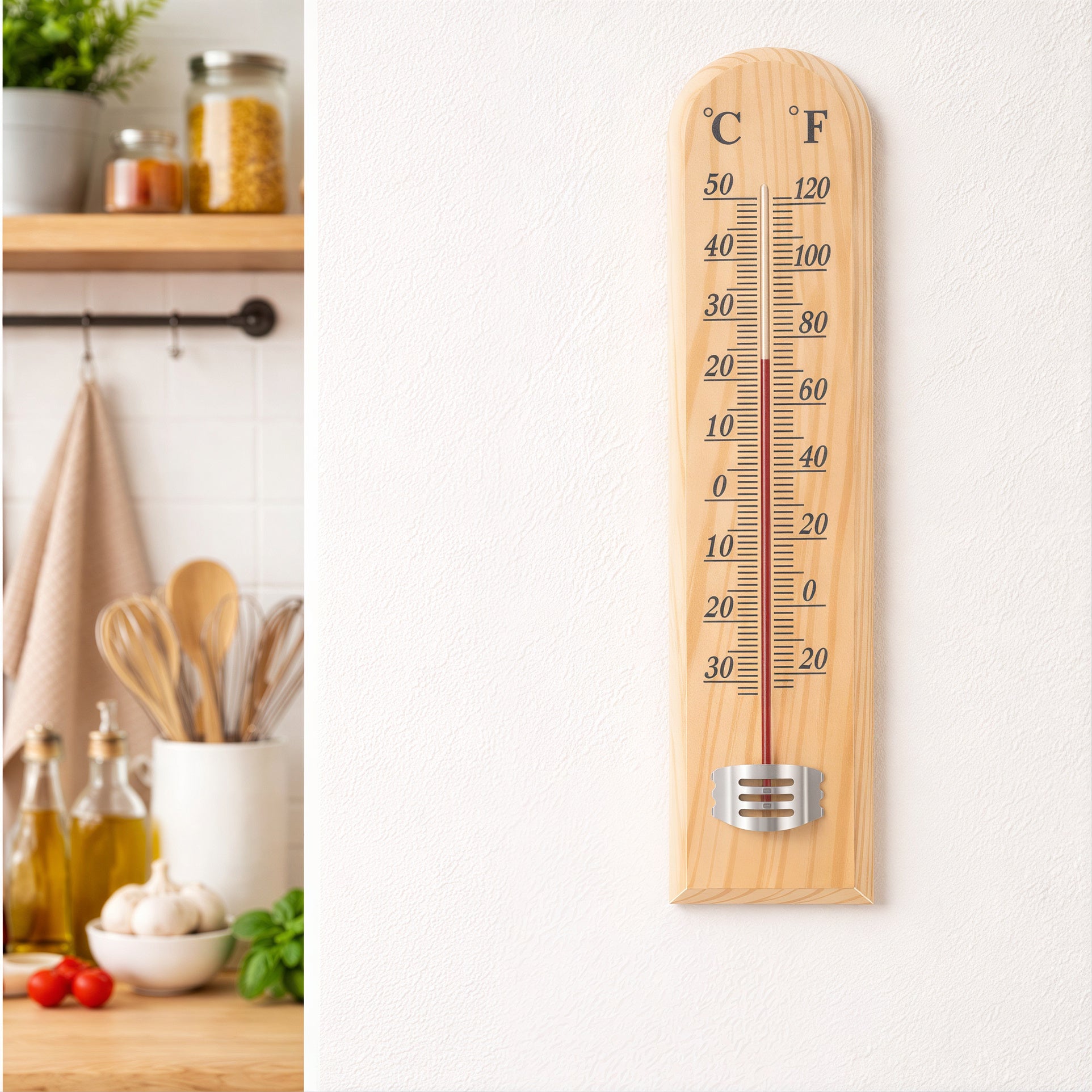 Termometru de Perete 25x5cm, din Lemn cu Afișaj °C și °F pentru Interior sau Exterior Engros