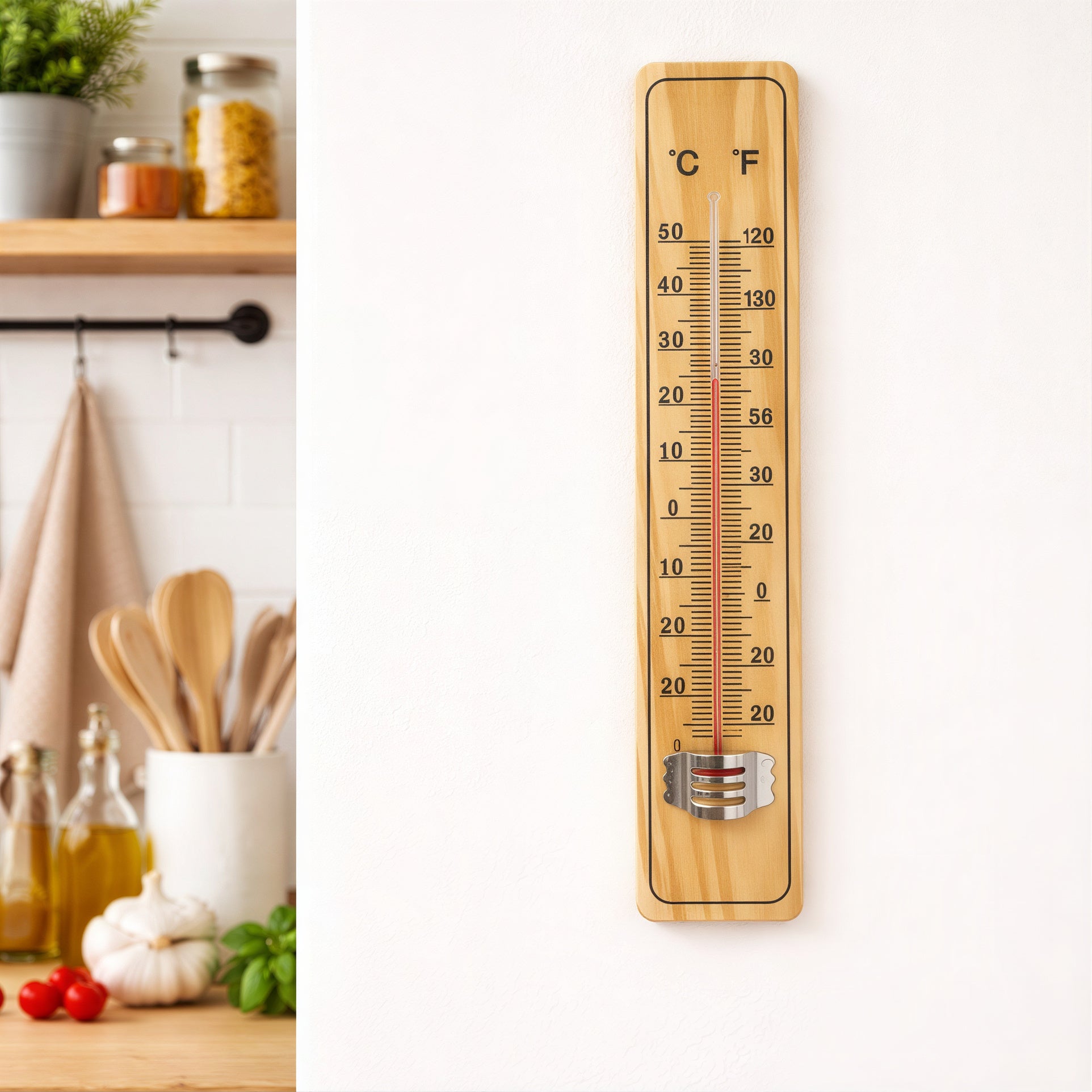 Termometru de Perete 21x3,5cm, din Lemn cu Afișaj °C și °F pentru Interior sau Exterior Engros