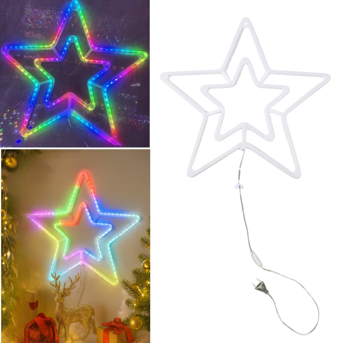 Decoratiune Crăciun 57x57cm Model Stea, cu Lumină LED Multicolora, din Silicon Ornament Suspendat Transparent Engros