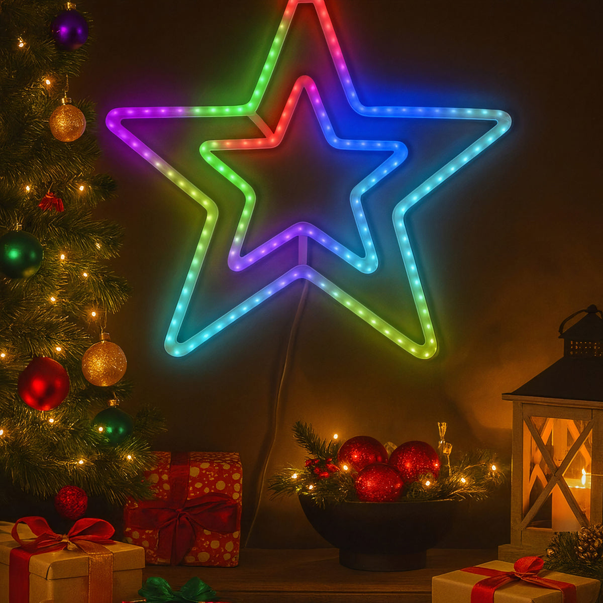 Decoratiune Crăciun 57x57cm Model Stea, cu Lumină LED Multicolora, din Silicon Ornament Suspendat Transparent Engros