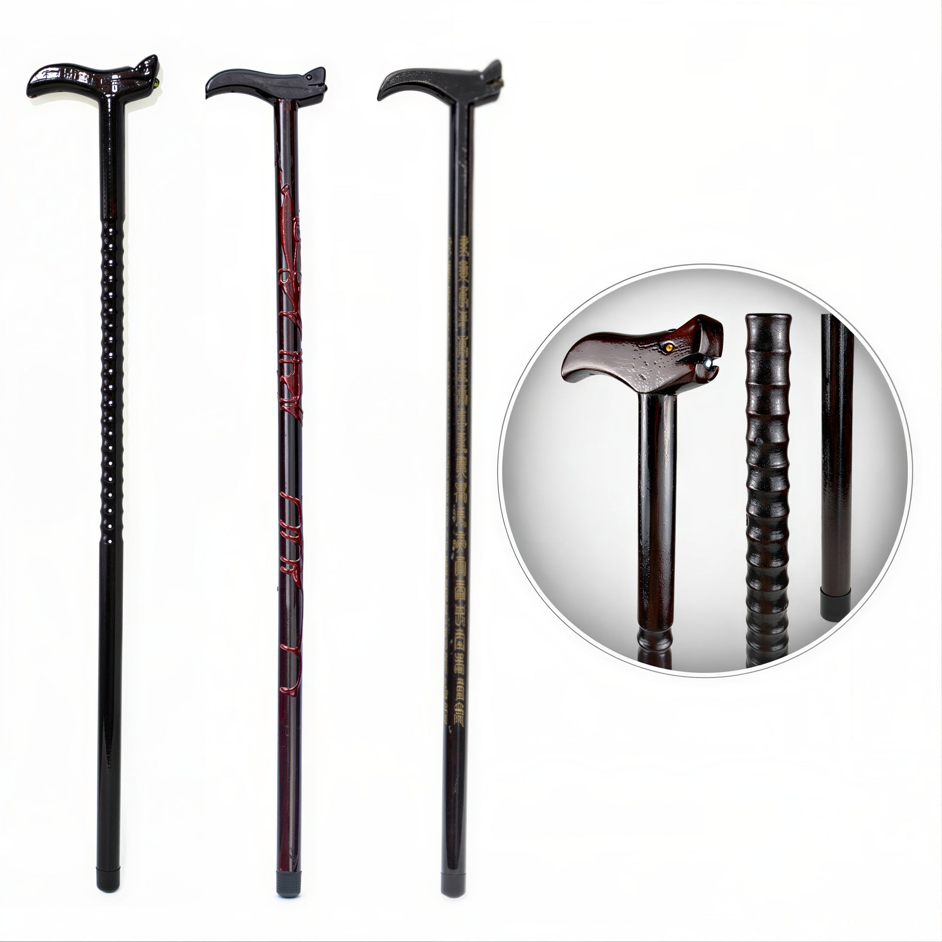 Baston 90cm din Lemn, Model Cap de Dragon cu Bila și Vârf cu Protecție din Cauciuc, Diferite Modele Engros