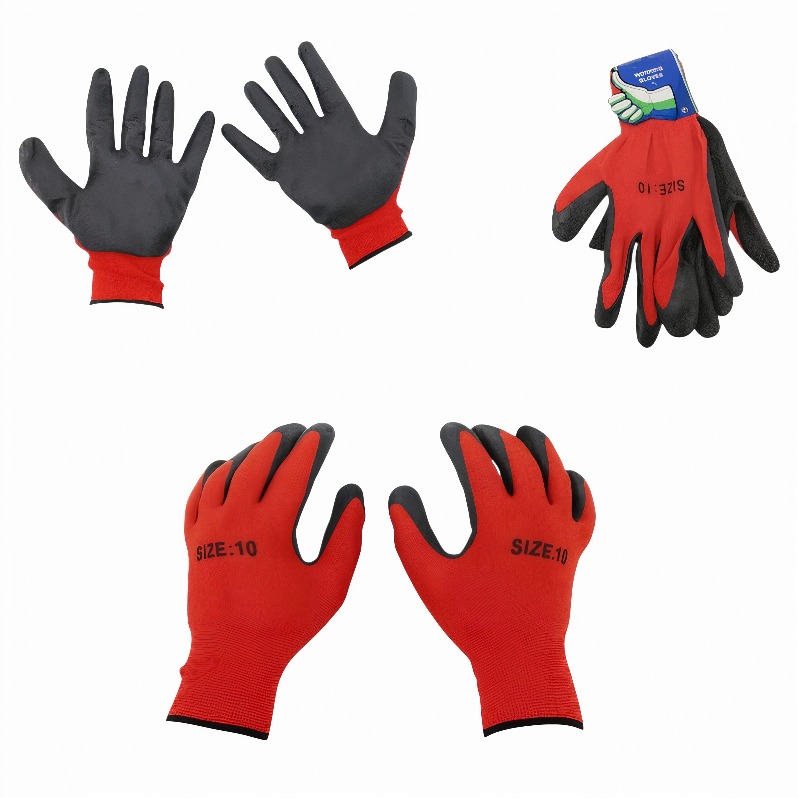 Manusi de Protectie 12/set cu Eticheta, Acoperite cu Latex Marimea 10 Rosu si Negru Engros