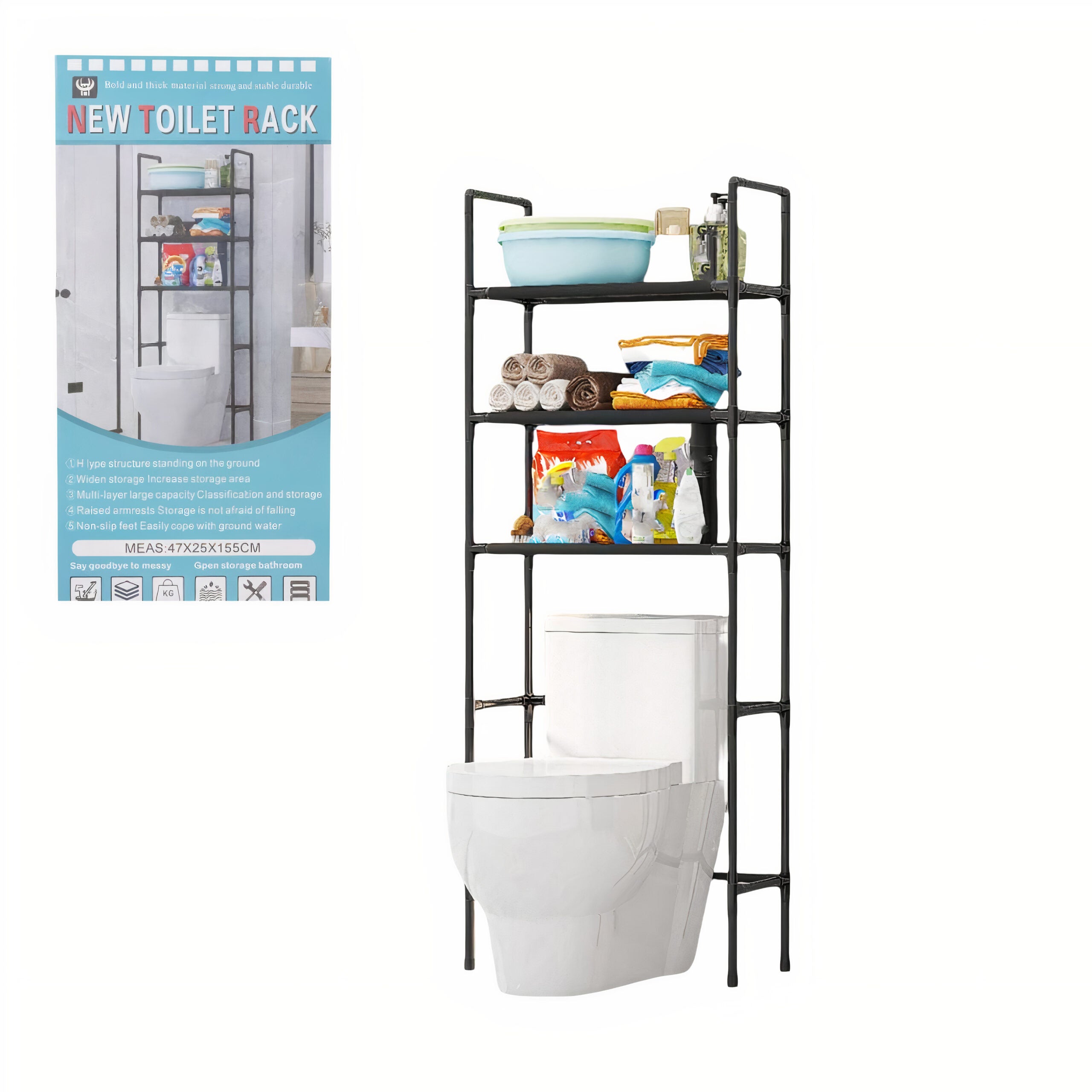 Suport de Baie 47x25x155cm cu 3 Etaje, Organizator Multifunctional din Metal Engros