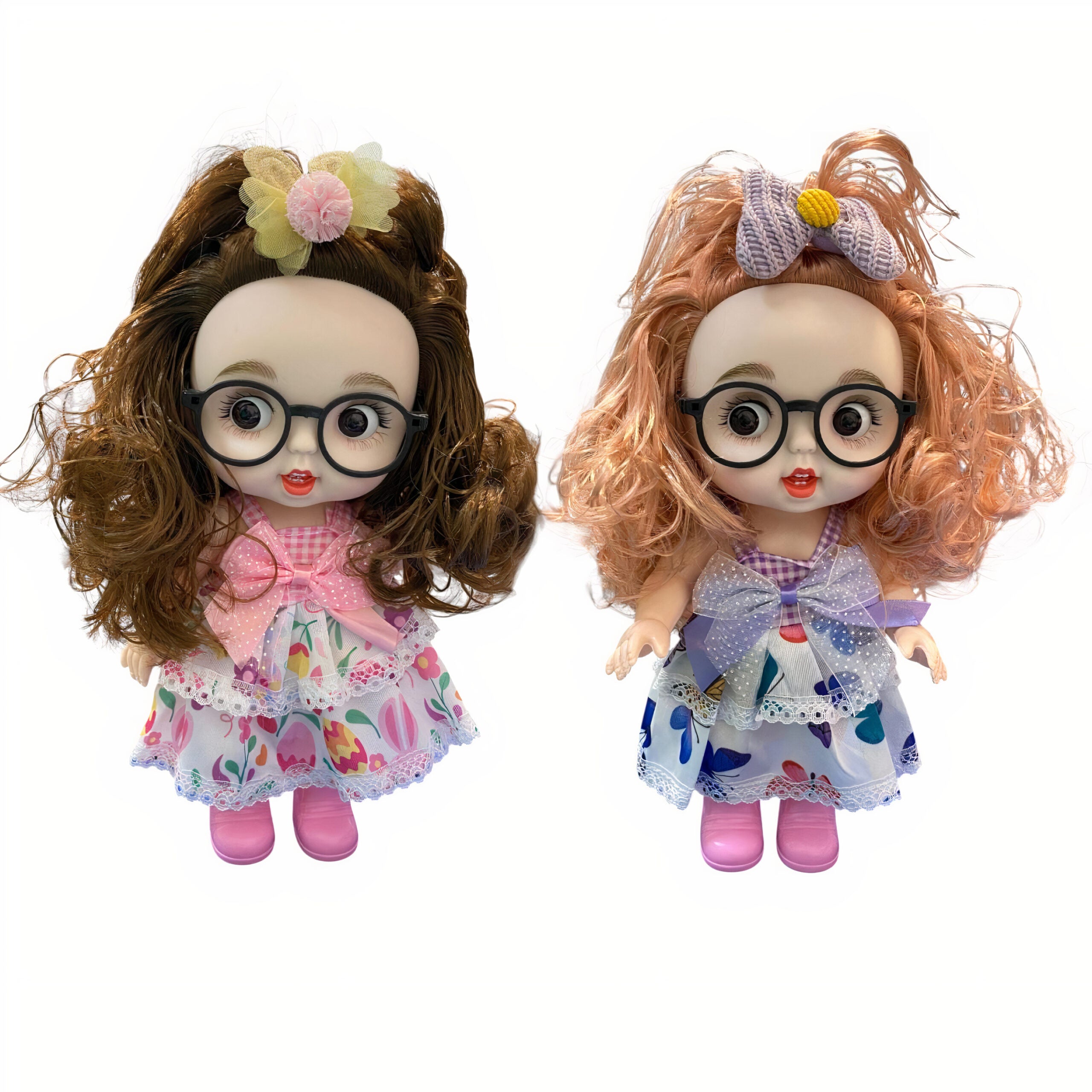 Păpușă 26cm cu Ochelari Rochiță Colorată și Păr Bogat Diferite Modele Engros