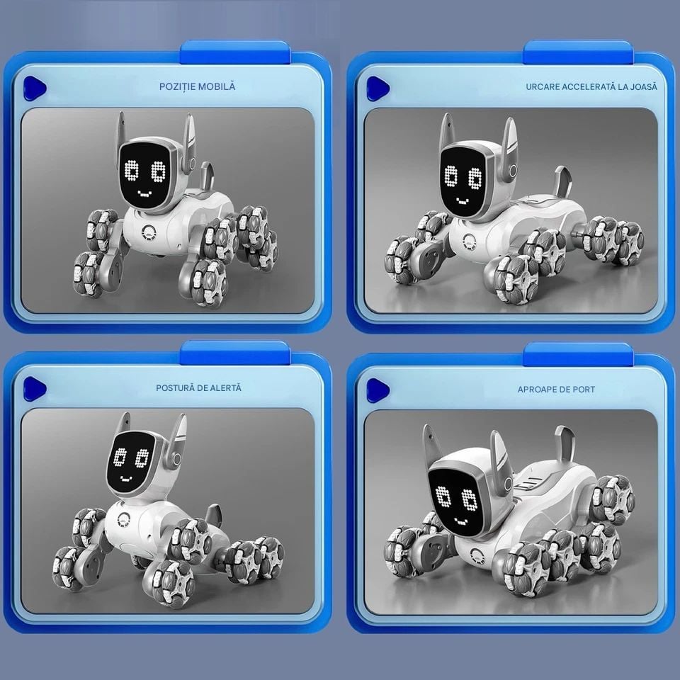 Cățel Robot Interactiv 19x15x16cm cu 8 Roti Omni-Direcționale Mișcări Acrobați , Lumină și Muzică Control prin Telecomandă Baterie Durabilă și Ecran LED Animat Diferite Culori Engros
