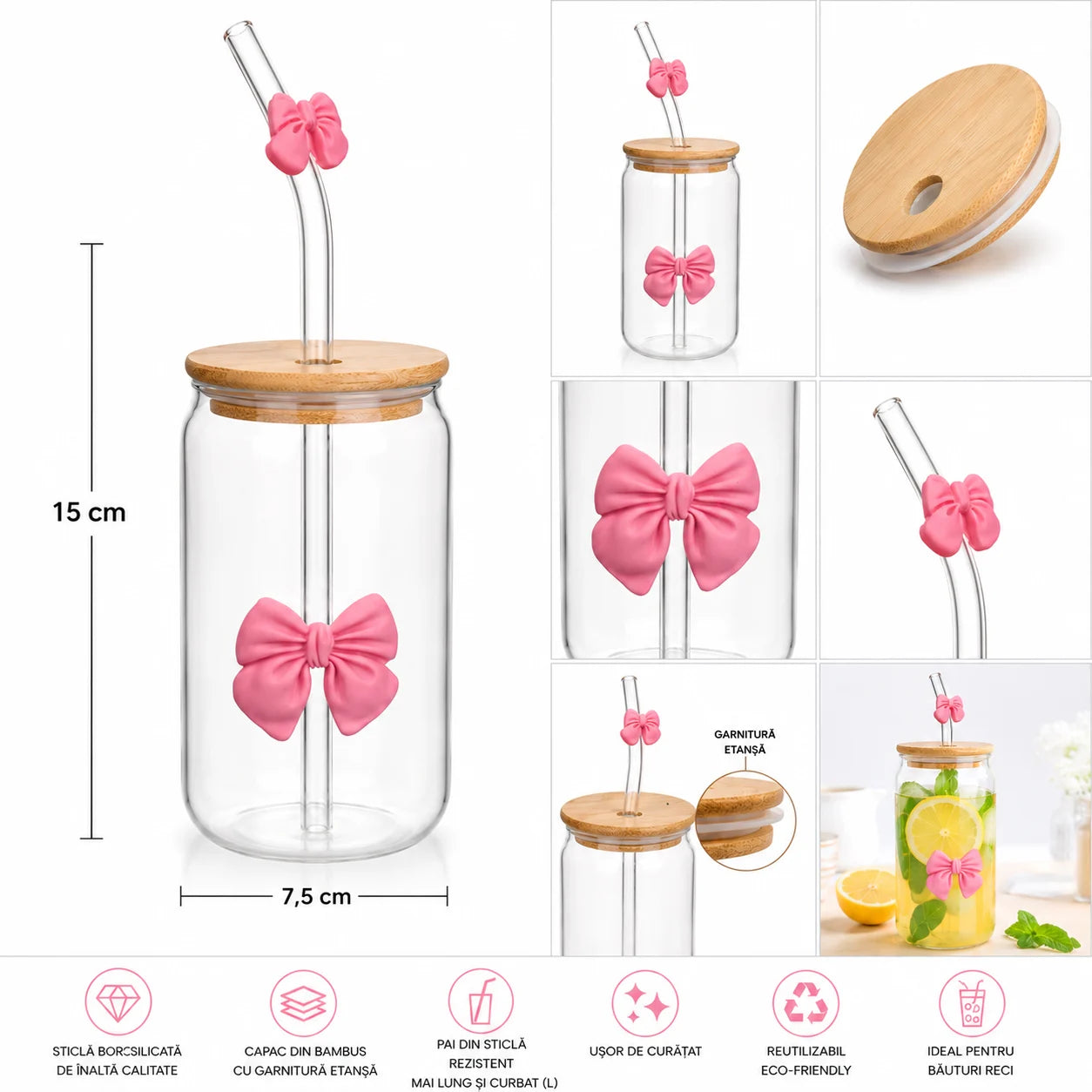 Pahar cu Pai din Sticlă 15cm, Fundiță Decorativă, cu Capac din Lemn și Garnitură Etanșă din Silicon Engros