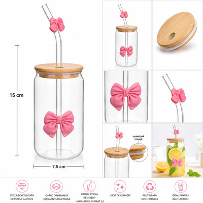 Pahar cu Pai din Sticlă 15cm, Fundiță Decorativă, cu Capac din Lemn și Garnitură Etanșă din Silicon Engros