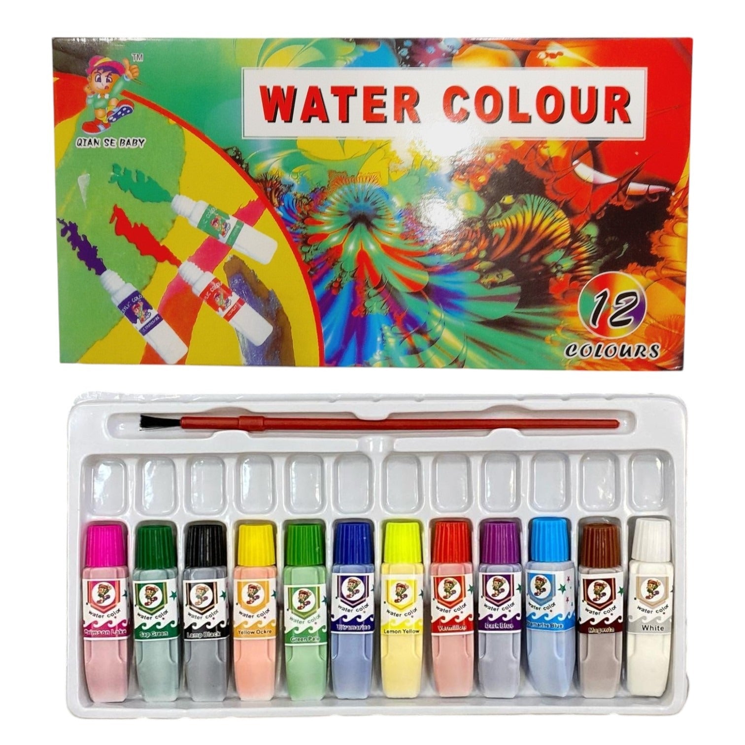 Tempera Acuarele la Tub pe Baza de Apa 12x6ml, Diferite Culori 12/set cu Pensula 15cm Engros