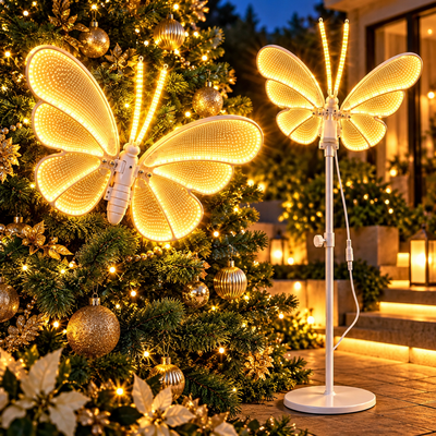 Fluture Decorativ LED 3D 53x37cm, cu Sunete si Aripi in Miscare, Lumina Alb Cald, Tija 110cm, pentru Craciun pentru Gradina si Exterior Engros