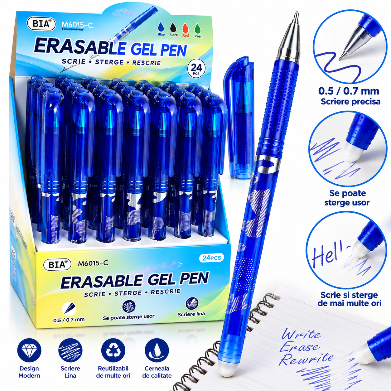Pix cu Gel Stergibil BIA 24/Set, cu Radiera, Albastru, Engros