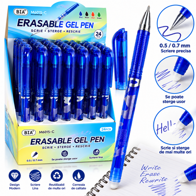 Pix cu Gel Stergibil BIA 24/Set, cu Radiera, Albastru, Engros