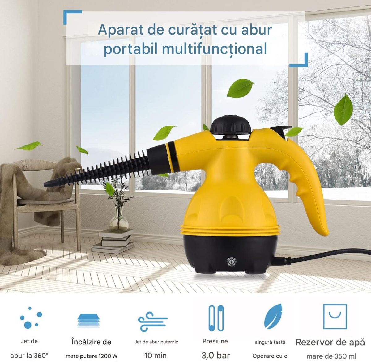Aparat de Curățat cu Abur 28x12cm Portabil Multifuncțional, cu 9 Accesorii pentru Curatat Engros