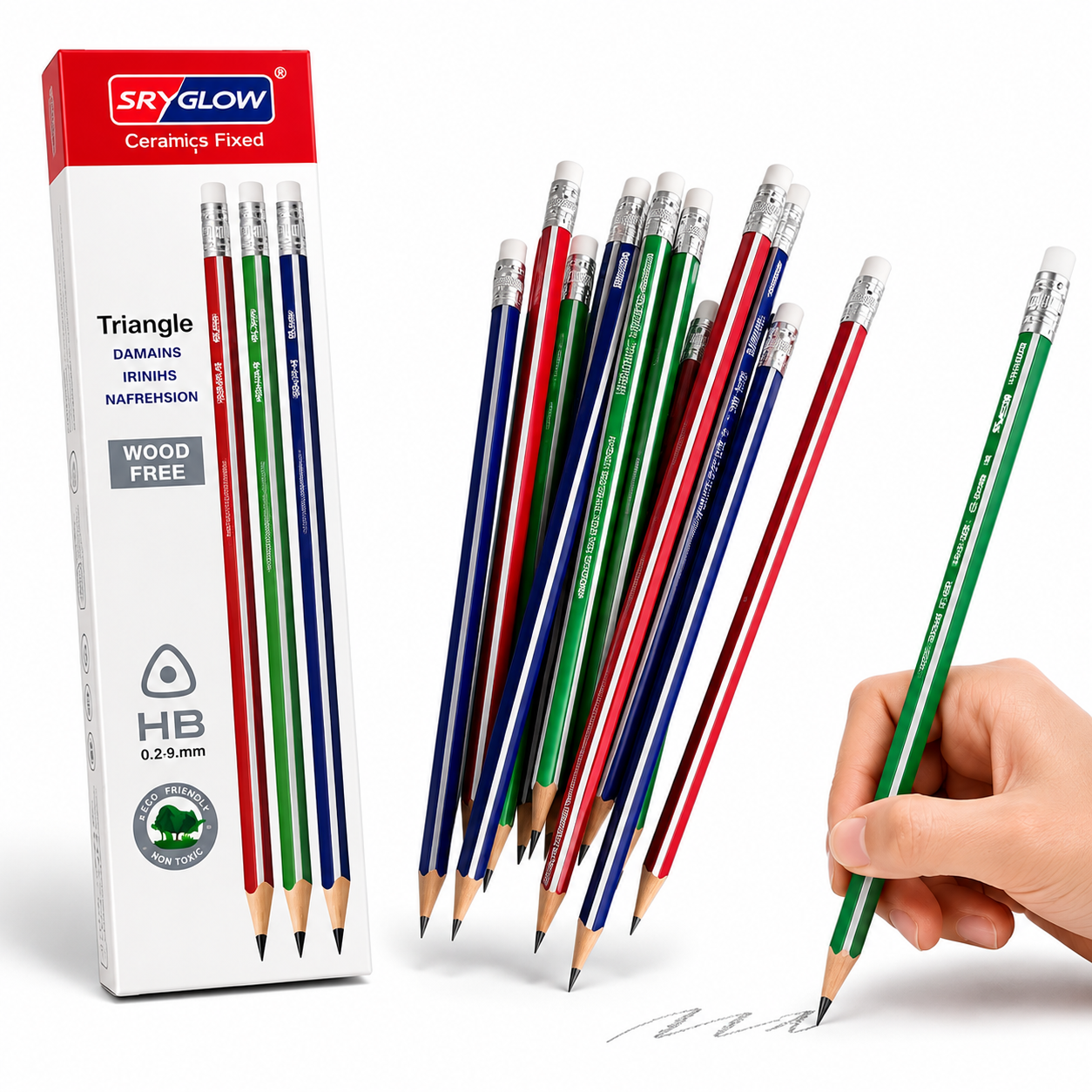Creioane Grafit 12/set HB Triunghiulare, 12/tipla cu Radieră, Model Colorat Engros