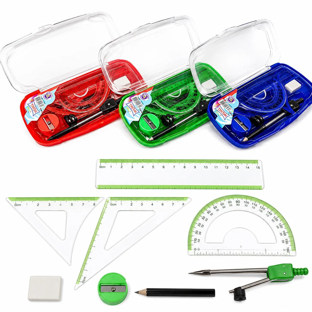 Trusa Geometrie 12/set din Plastic, cu 8 Instrumente Diferite Culori Engros