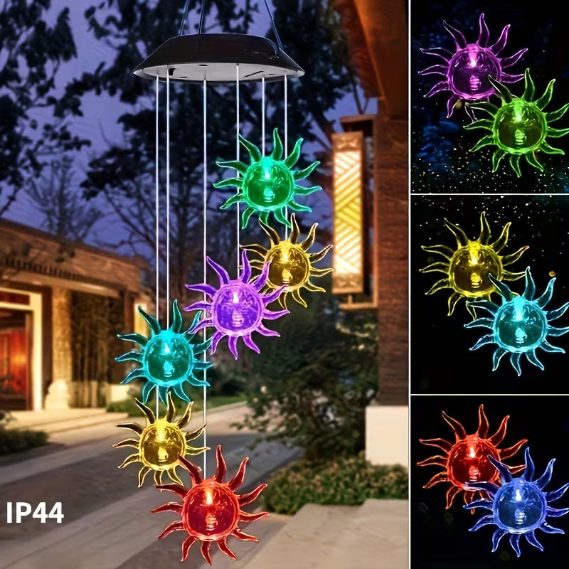 Lampă Solară LED 63cm cu Clopoțel de Vânt, Model cu 6 Soare Decorative 10cm, Iluminare Multicoloră, Panou Solar si Agățătoare Inclusă, Rezistentă la Apă Engros