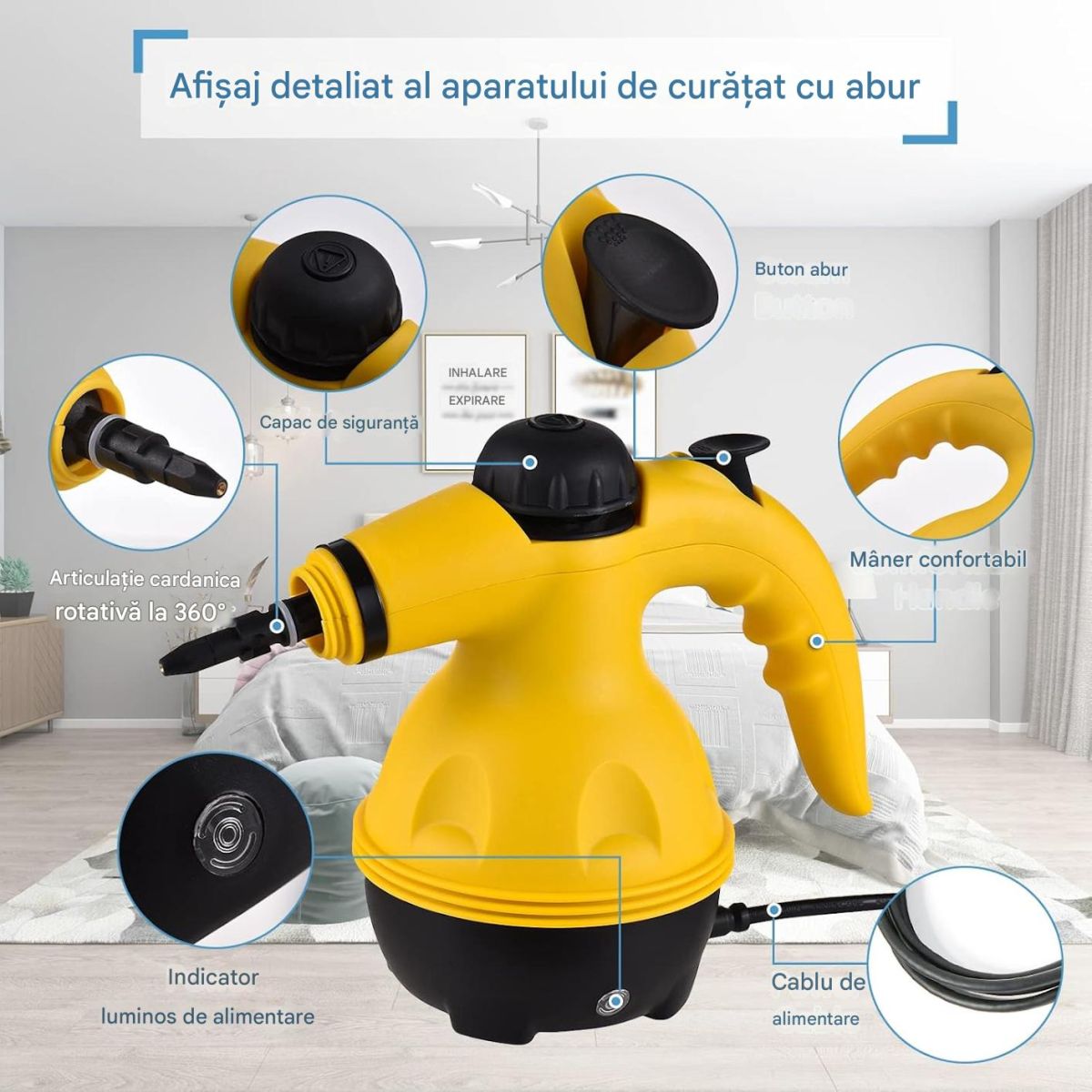 Aparat de Curățat cu Abur 28x12cm Portabil Multifuncțional, cu 9 Accesorii pentru Curatat Engros