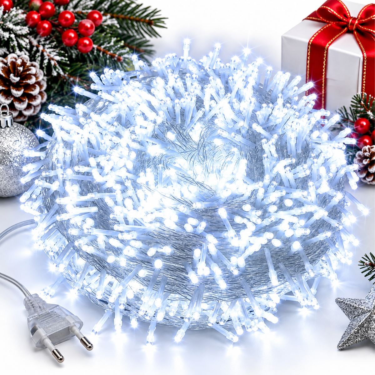 Instalatie LED 15m cu 150 MicroLED-uri, Fir Transparent, Lumina Alb Rece, cu Jocuri de Lumini si Efect Flash, pentru Craciun Engros