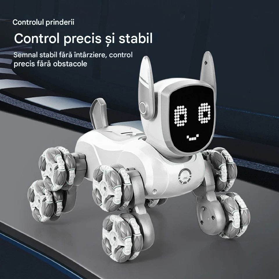 Cățel Robot Interactiv 19x15x16cm cu 8 Roti Omni-Direcționale Mișcări Acrobați , Lumină și Muzică Control prin Telecomandă Baterie Durabilă și Ecran LED Animat Diferite Culori Engros