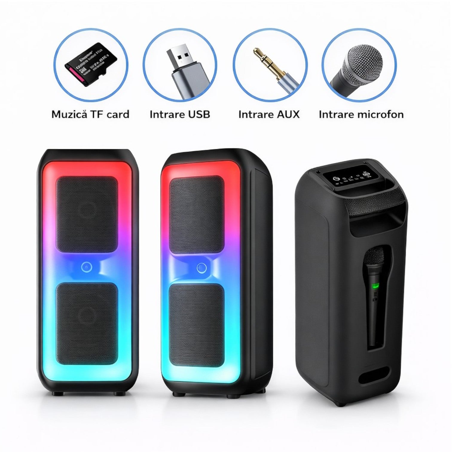 Boxă Bluetooth Portabilă 39x17cm, 20W cu Microfon Inclus, LED Multicolor RGB, Karaoke Engros