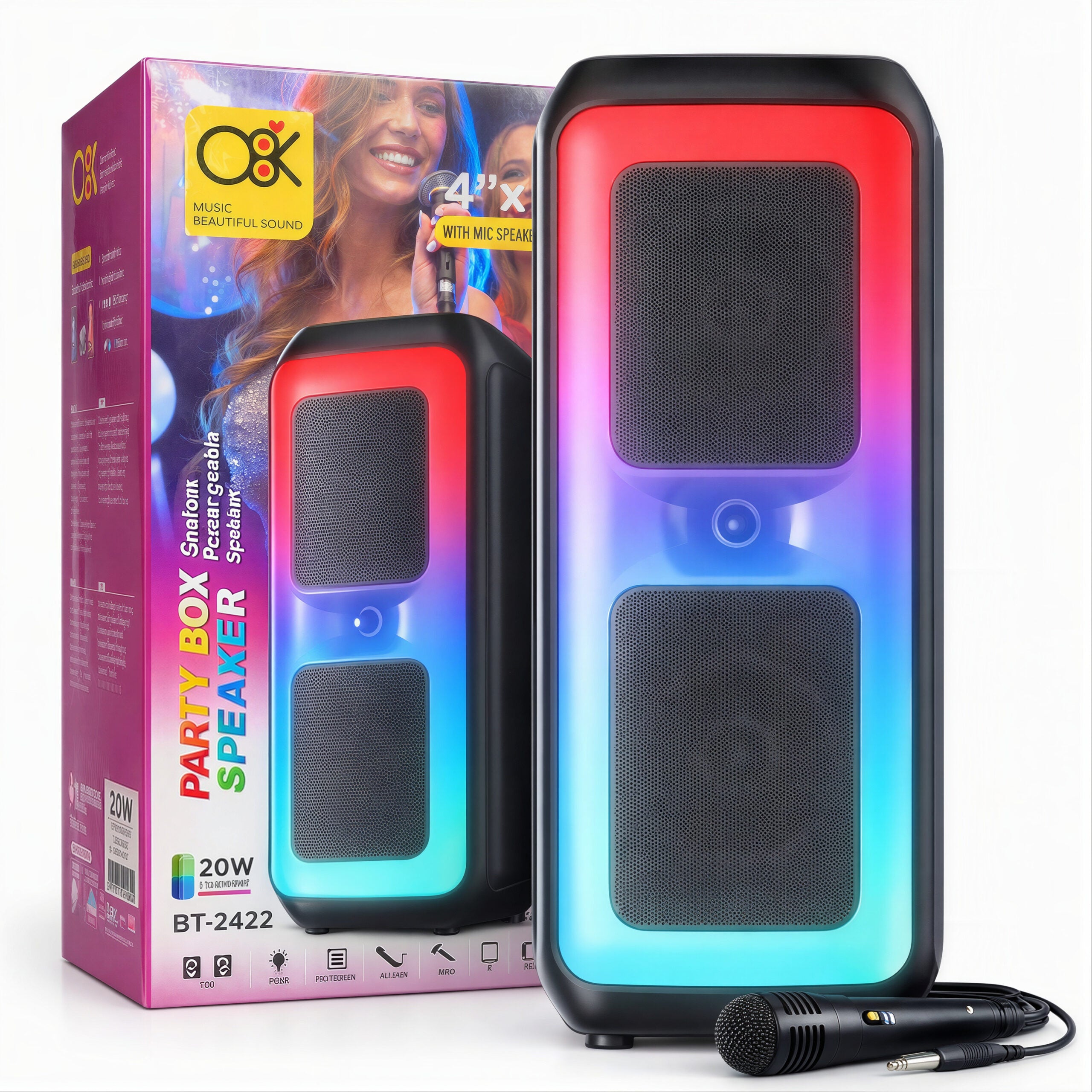Boxă Bluetooth Portabilă 39x17cm, 20W cu Microfon Inclus, LED Multicolor RGB, Karaoke Engros