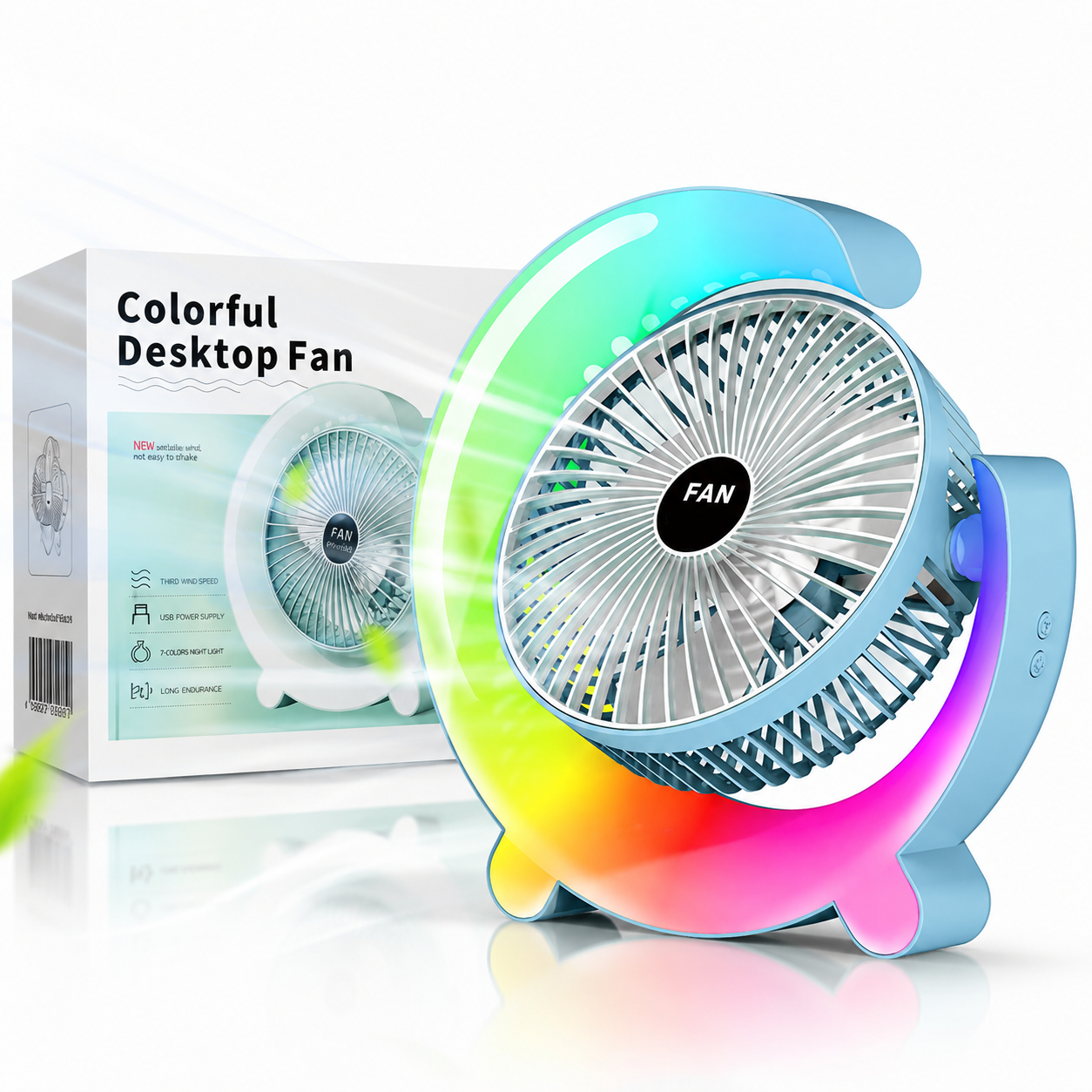Ventilator Portabil 24cm cu Iluminare LED Multicolora, 3 Trepte de Viteză, Rotire Reglabilă, USB, Diferite Culori Engros