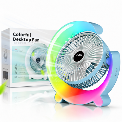 Ventilator Portabil 24cm cu Iluminare LED Multicolora, 3 Trepte de Viteză, Rotire Reglabilă, USB, Diferite Culori Engros