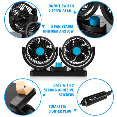 Ventilator Auto Dublu 14x20cm, Reglabil 360°, Alimentare la Priza Auto 12V, 2 Trepte de Viteză Engros
