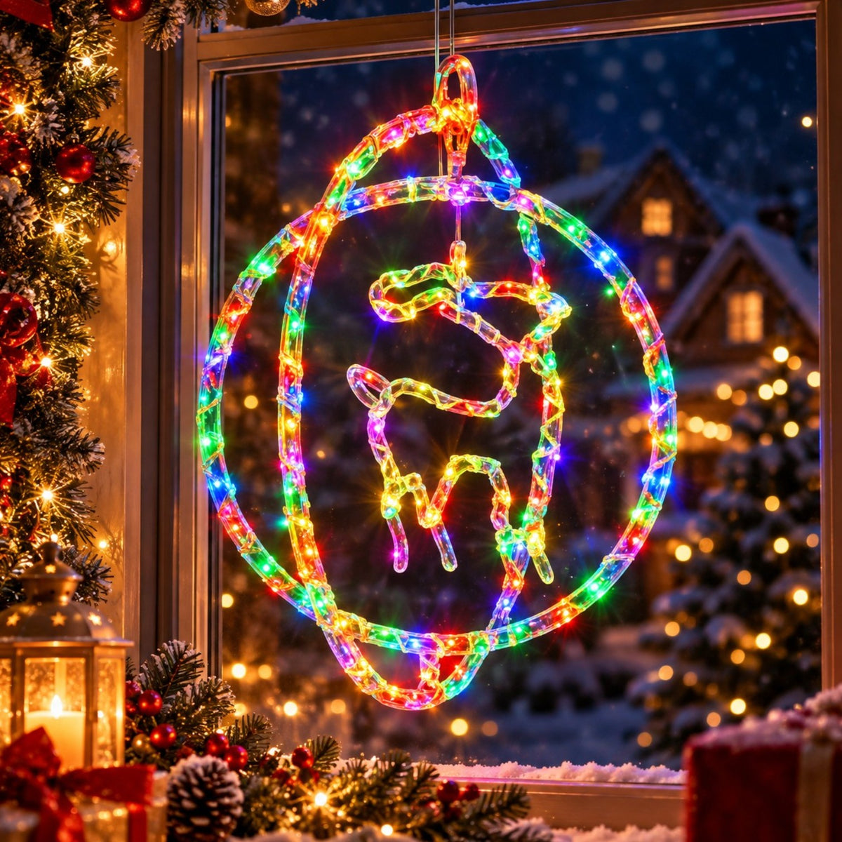 Instalatie LED 30cm, Decoratiune Crăciun, Model Ren cu Lumină Multicoloră, Jocuri de Lumini si Efect Flash, Ornament Suspendat Transparent, pentru Geam Engros