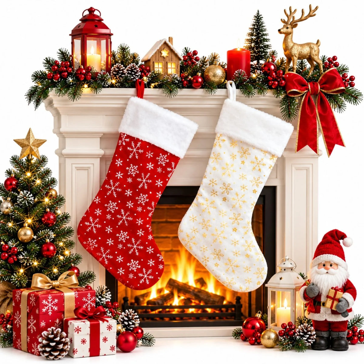 Cizmuliță Decorativă 12/set de Crăciun 45x23x18cm, din Catifea, Model cu Fulgi si Agatatoare Engros