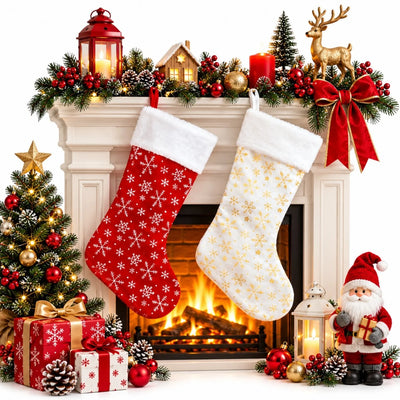 Cizmuliță Decorativă 12/set de Crăciun 45x23x18cm, din Catifea, Model cu Fulgi si Agatatoare Engros