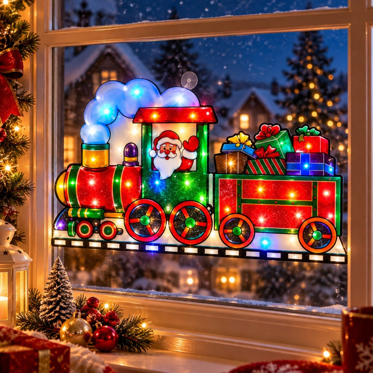Decorațiune de Geam pentru Crăciun 45x24cm, Mos Craciun in Tren, cu Lumină LED Multicoloră, Model 3D, cu Alimentare la Priză Engros