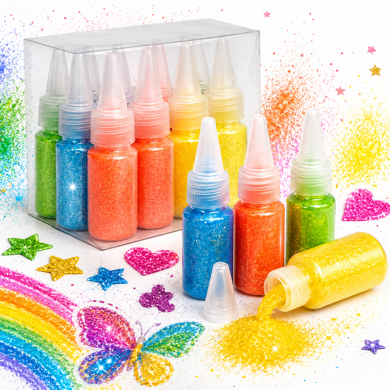 Sclipici Pulbere în Sticlă 12/set, cu Duza Aplicare 8cm Flacon, Diferite Culori Engros