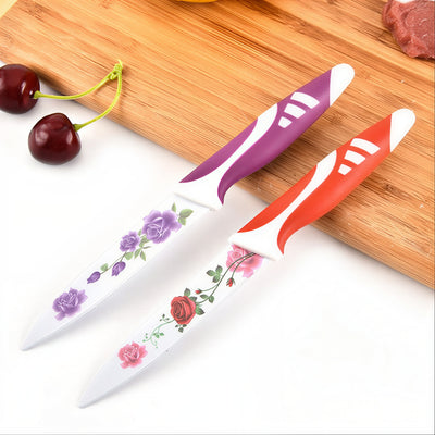 Cuțite Bucătărie 3/set, Lamă Inox Decor Floral si Mâner Antiderapant 23cm Diferite Culori Engros