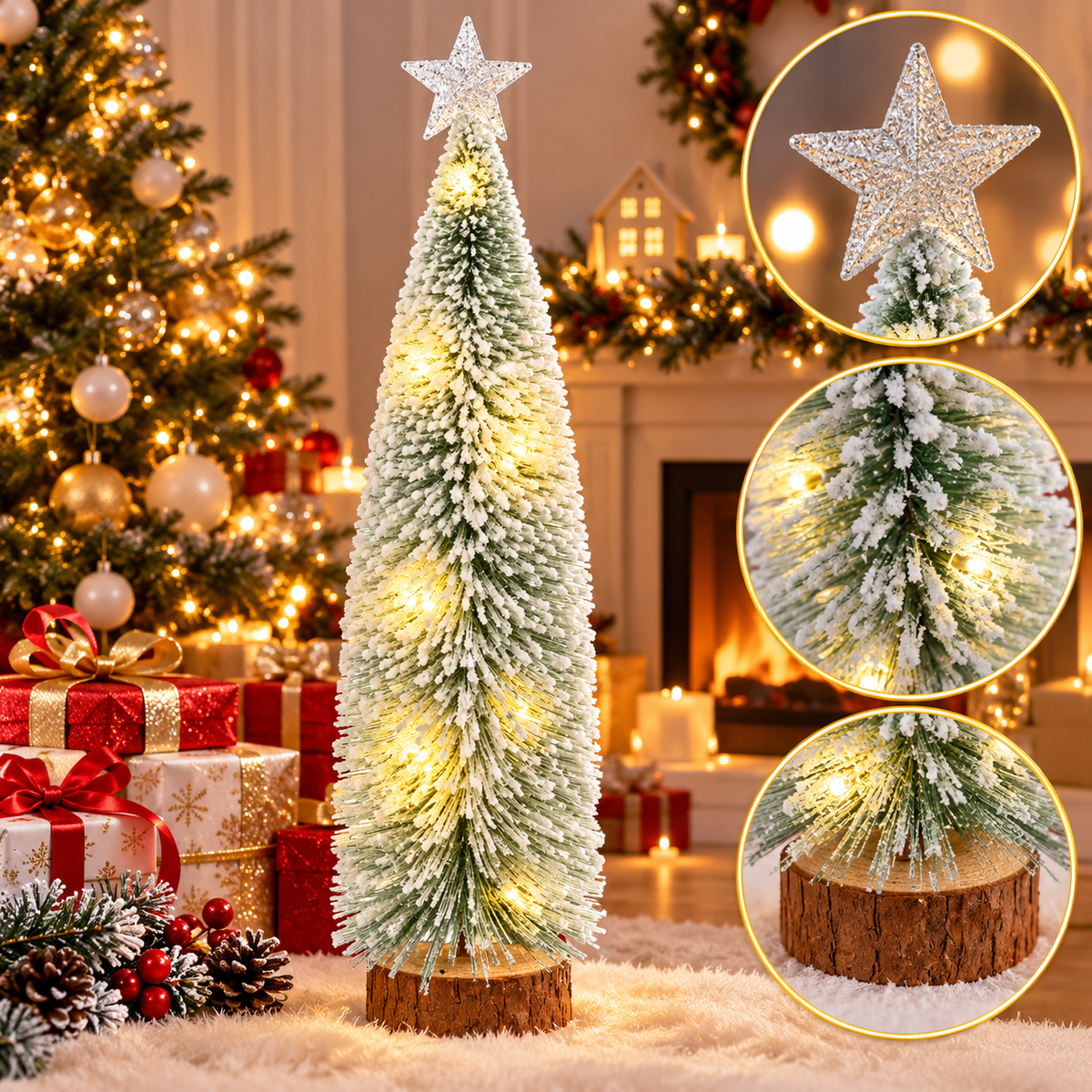 Brad Decorativ 45cm de Crăciun cu Luminite LED Calde, și Stea Strălucitoare în Vârf Model cu Zăpadă Artificială Engros+aQRT