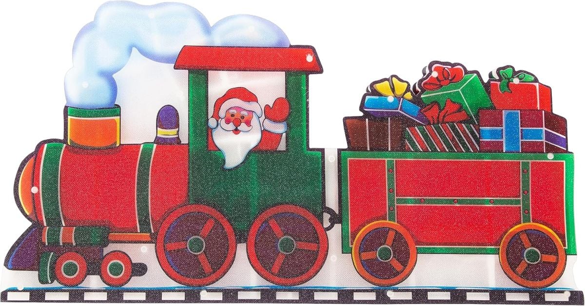 Decorațiune de Geam pentru Crăciun 45x24cm, Mos Craciun in Tren, cu Lumină LED Multicoloră, Model 3D, cu Alimentare la Priză Engros