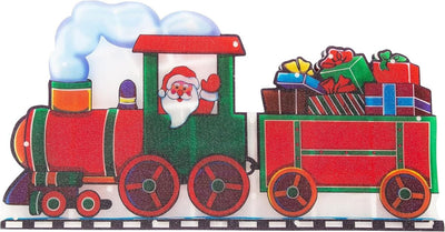 Decorațiune de Geam pentru Crăciun 45x24cm, Mos Craciun in Tren, cu Lumină LED Multicoloră, Model 3D, cu Alimentare la Priză Engros