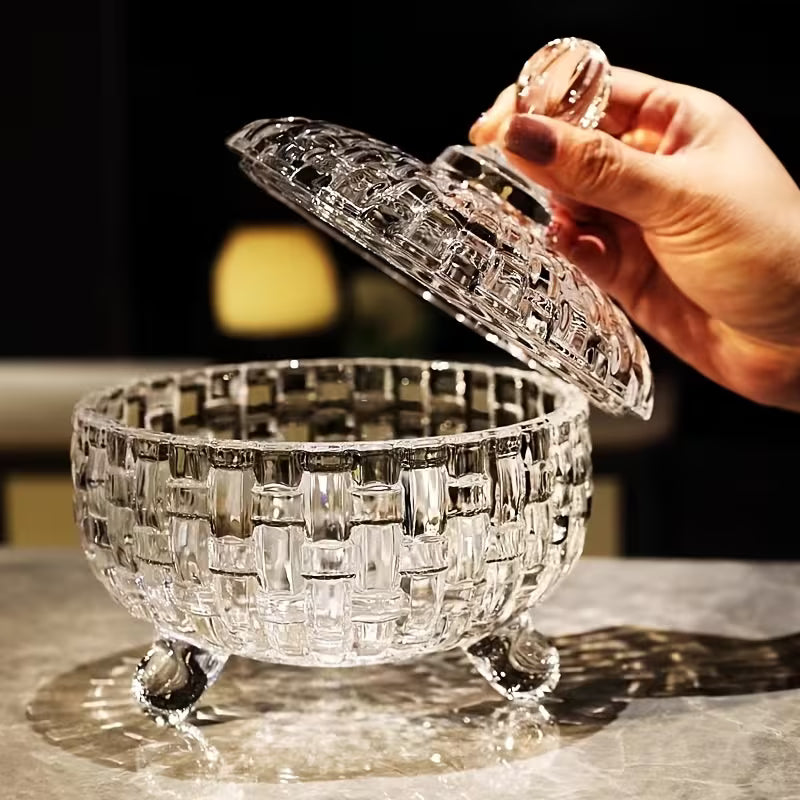 Bombonieră din Sticlă 17x15cm, cu Picior și Capac, Model Cristal Împletit Engros