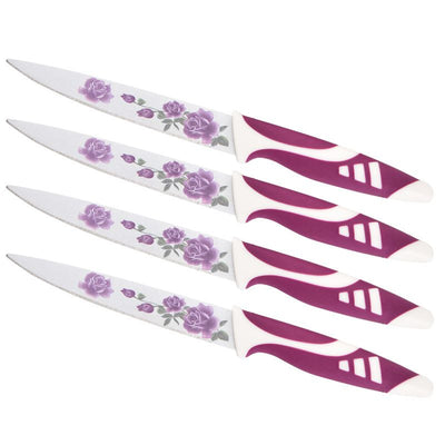 Cuțite Bucătărie 4/set, Lamă Inox Decor Floral si Mâner Antiderapant 23cm Diferite Culori Engros