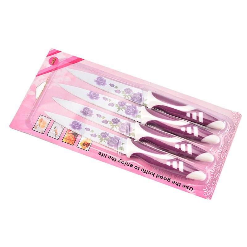 Cuțite Bucătărie 4/set, Lamă Inox Decor Floral si Mâner Antiderapant 23cm Diferite Culori Engros