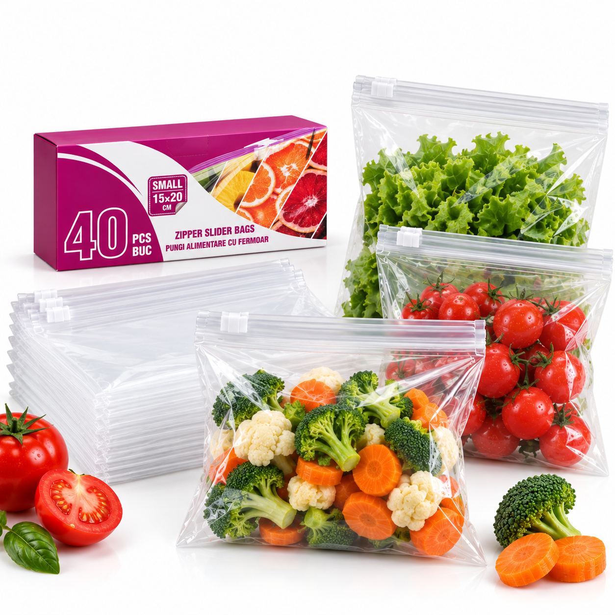 Pungi Alimentare 40/set, cu Fermoar 15x20cm, Transparente 1L Engros