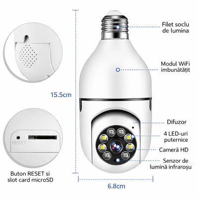 Cameră Supraveghere Wi-Fi Panoramică Tip Bec E27 cu Filet, Rotire 360°, o Singură Unitate de Supraveghere, Vedere Nocturnă LED 15.5cm, Audio Bidirecțional, Control prin Telefon Engros