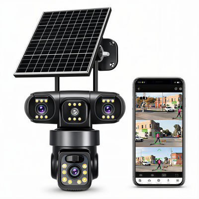 Cameră Supraveghere 4G Solară, 4 Camere Reale 360°, cu SIM, Panou Solar, 20cm, Vedere Nocturnă Color, Audio Bidirecțional, Senzor Mișcare, Control prin Telefon Engros