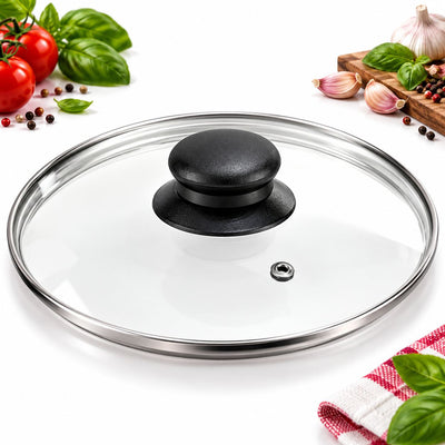 Capac din Sticla Termorezistenta GP 275/292, 28cm, Rotund, cu Margine din Inox, Maner Negru si Orificiu pentru Abur Engros