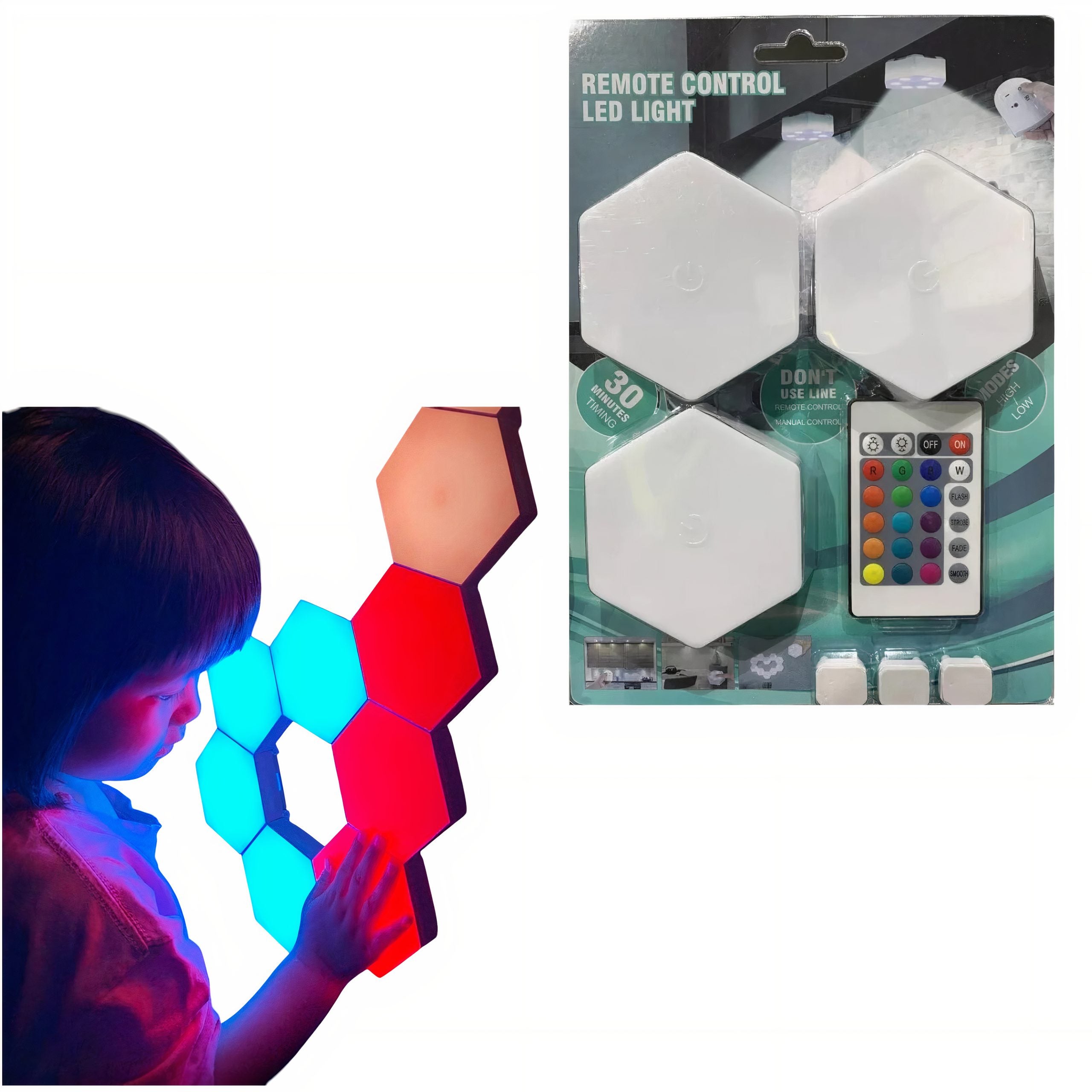 Lampa Led 3/set Hexagonala 8x7cm cu Telecomanda 8x5cm, Multicolora Engros