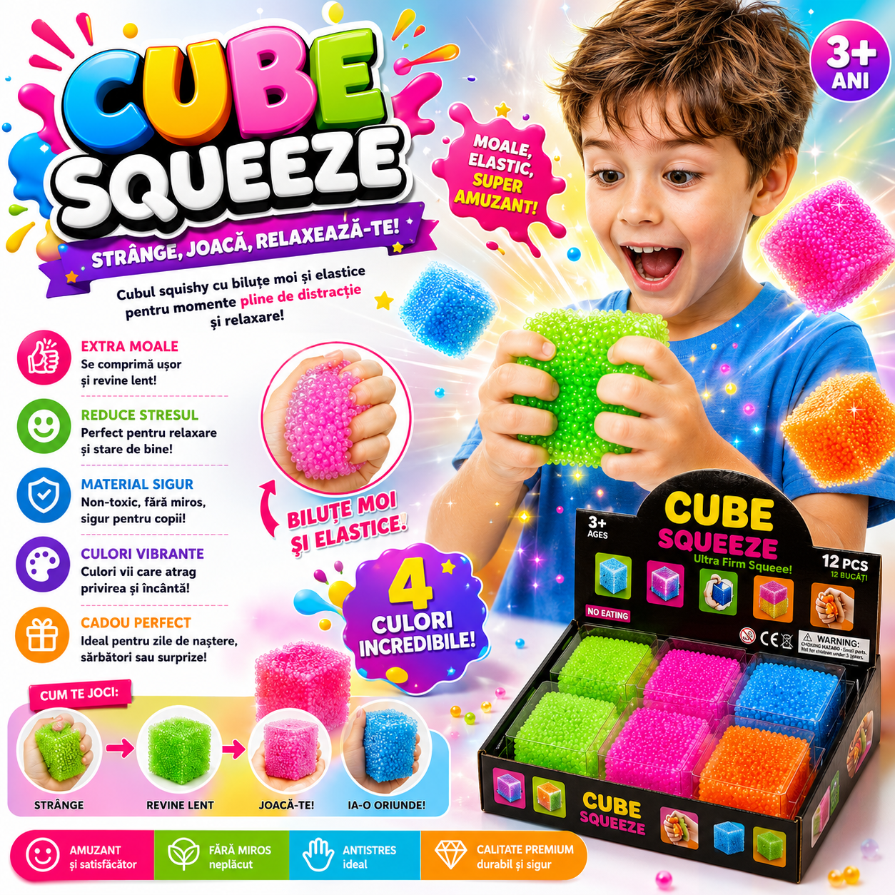Cub Antistres, Nice Cube 5x5cm, Jucărie Senzorială Squishy din Gel